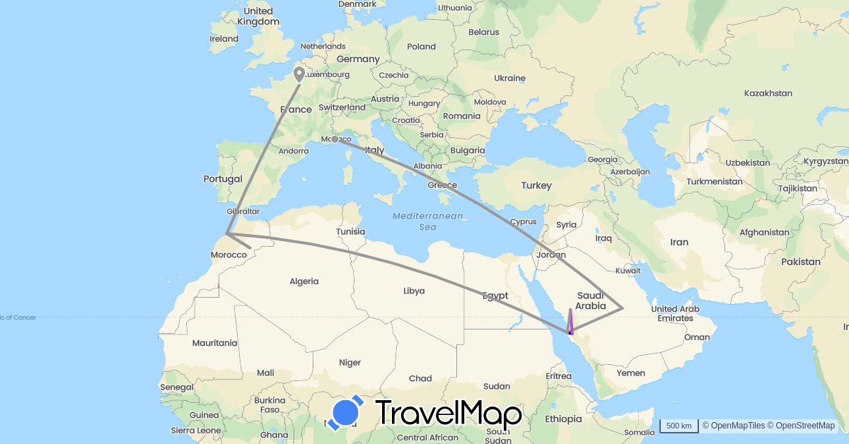 TravelMap itinerary: driving, plane, train in France, Morocco, Saudi Arabia (Africa, Asia, Europe)